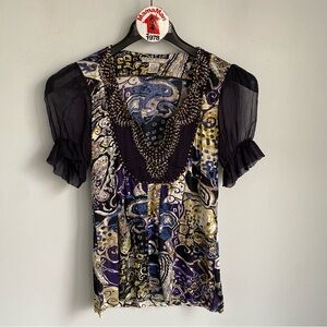 Alberto Makali Sheer Short Puff Sleeve Blouse Top Size S